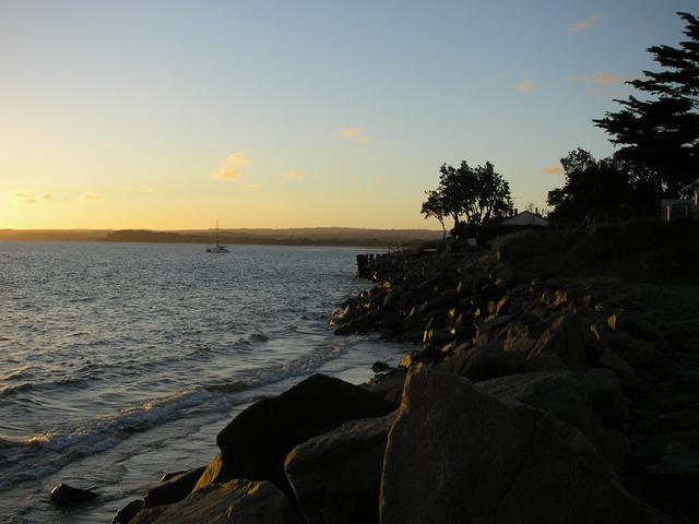 Sun setting over Western Port from the shore at Somers